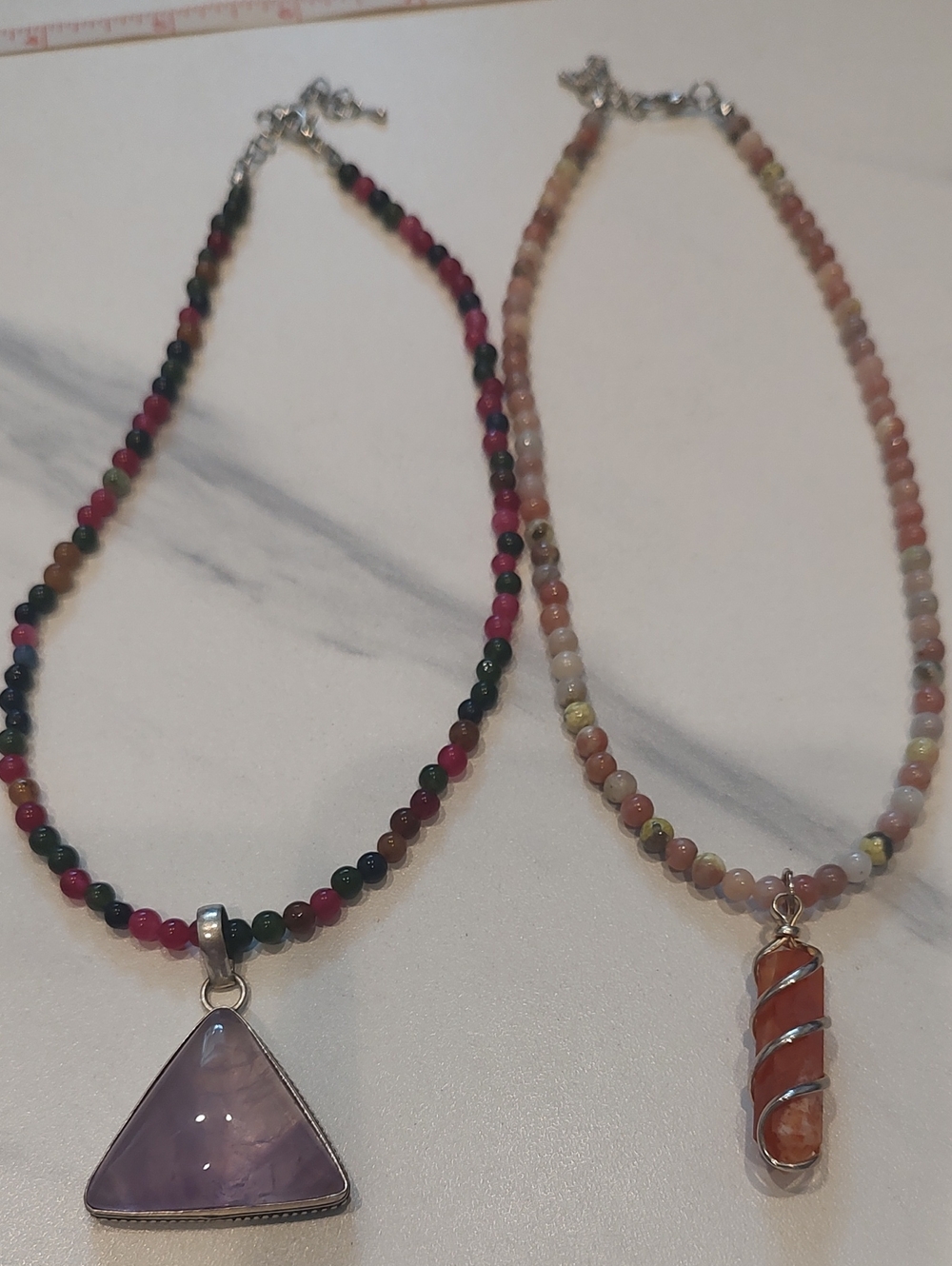 2 For 1! Fluorite And Carnelian Pendant Necklaces With Beaded Chains, 15"+2" Ext